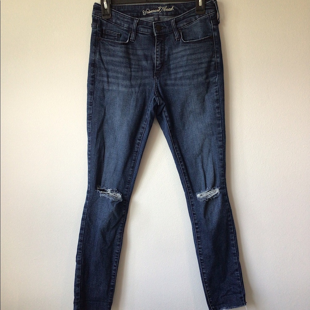 Mid-rise dark wash distressed jeans 4/27R